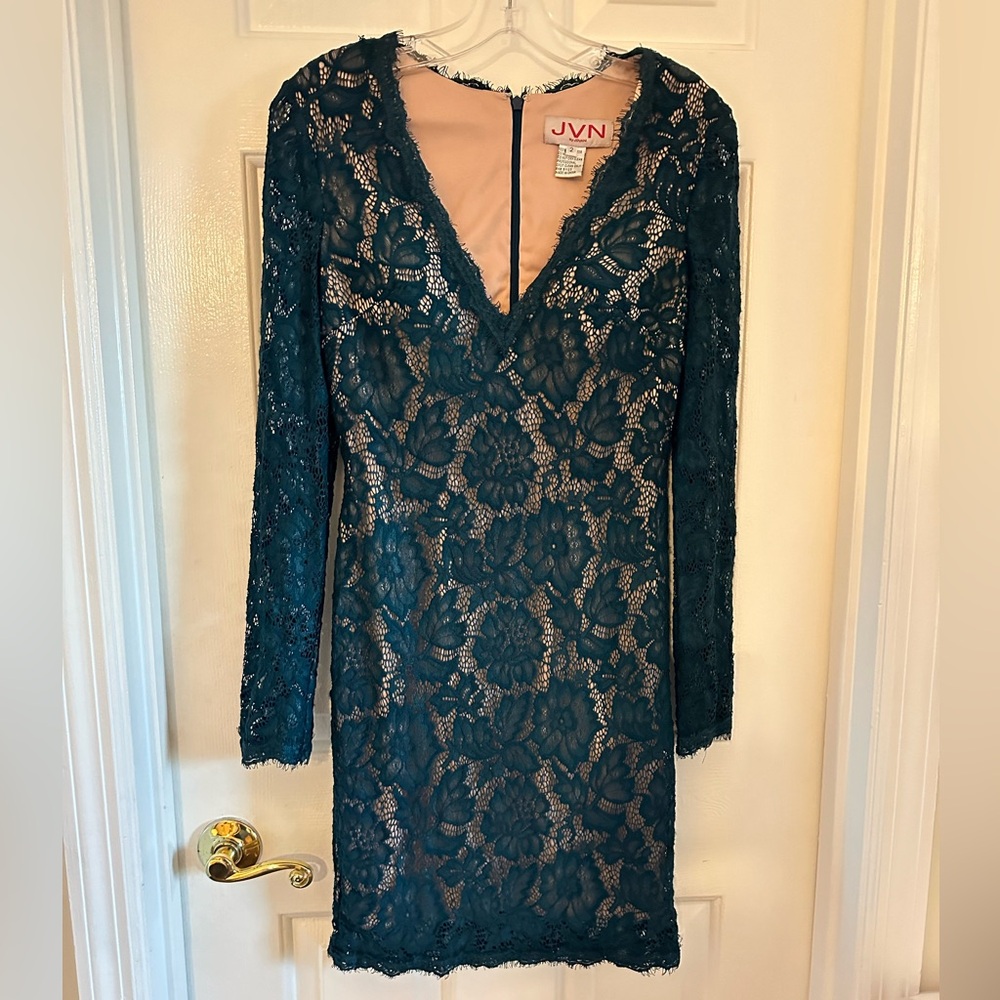 JVN by Jovani Teal Lace Overlay LongSleeve Mini Dress 2